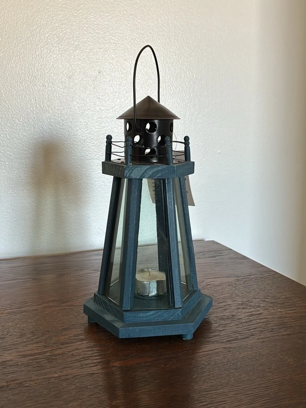 BNIB- Hand Painted- Blue Wood & Wire Lighthouse Candle Holder